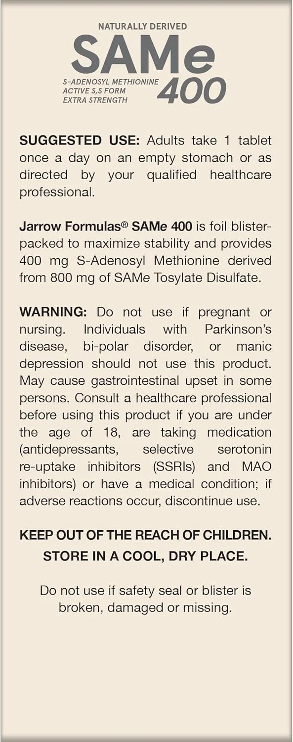 جارو فرمولاز SAMe 400 میلی گرم فوق العاده قوی - S-آدنوزیل متیونین با منشاء طبیعی و فرم فعال S,S - مکمل غذایی - 60 قرص - پشتیبانی از خلق و خوی متعادل، سلامت مفاصل و عملکرد کبد - وگان