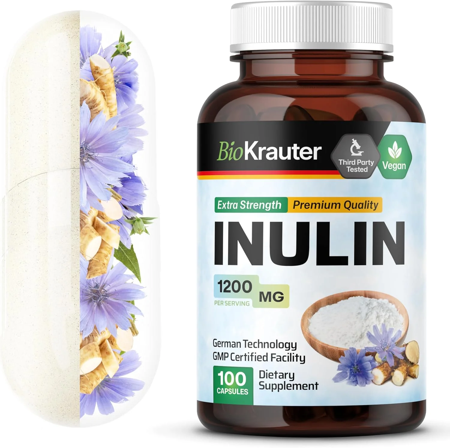 کپسول های اینولین - مکمل پودر ریشه کاسنی ارگانیک - ممکن است عملکرد گوارشی، سلامت روده، مدیریت وزن را بهبود بخشد - حمایت از معده غنی از فیبر غذایی، پری بیوتیک ها - 100 کپسول