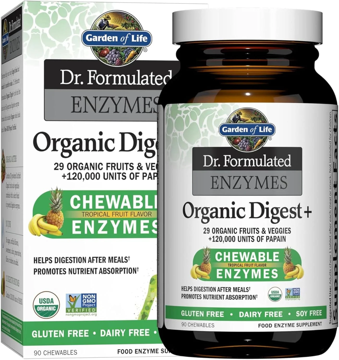 مکمل آنزیم جویدنی ارگانیک Garden of Life - آنزیم های فرموله شده توسط دکتر، Organic Digest+، 90 قرص جویدنی