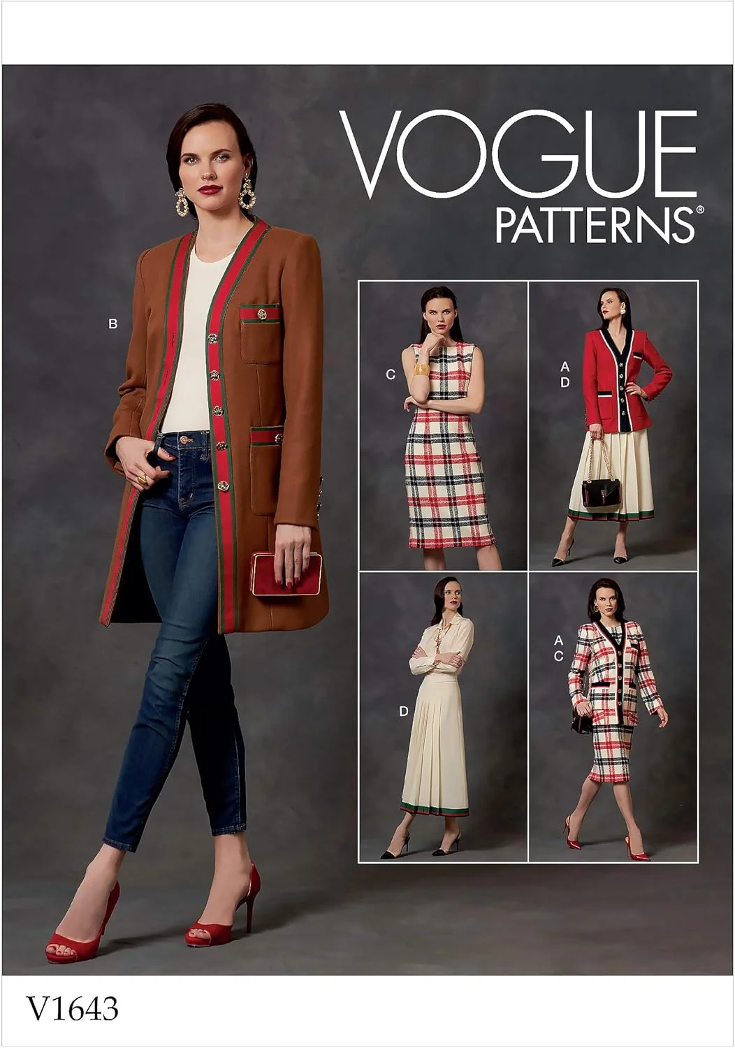 الگوهای Vogue - V1643E5 - لباس های زنانه > کت و شلوار و ست لباس های زنانه > تاپ های زنانه > ژاکت و جلیقه های زنانه > لباس های زنانه > دامن های زنانه، کاغذی، سفید، متنوع