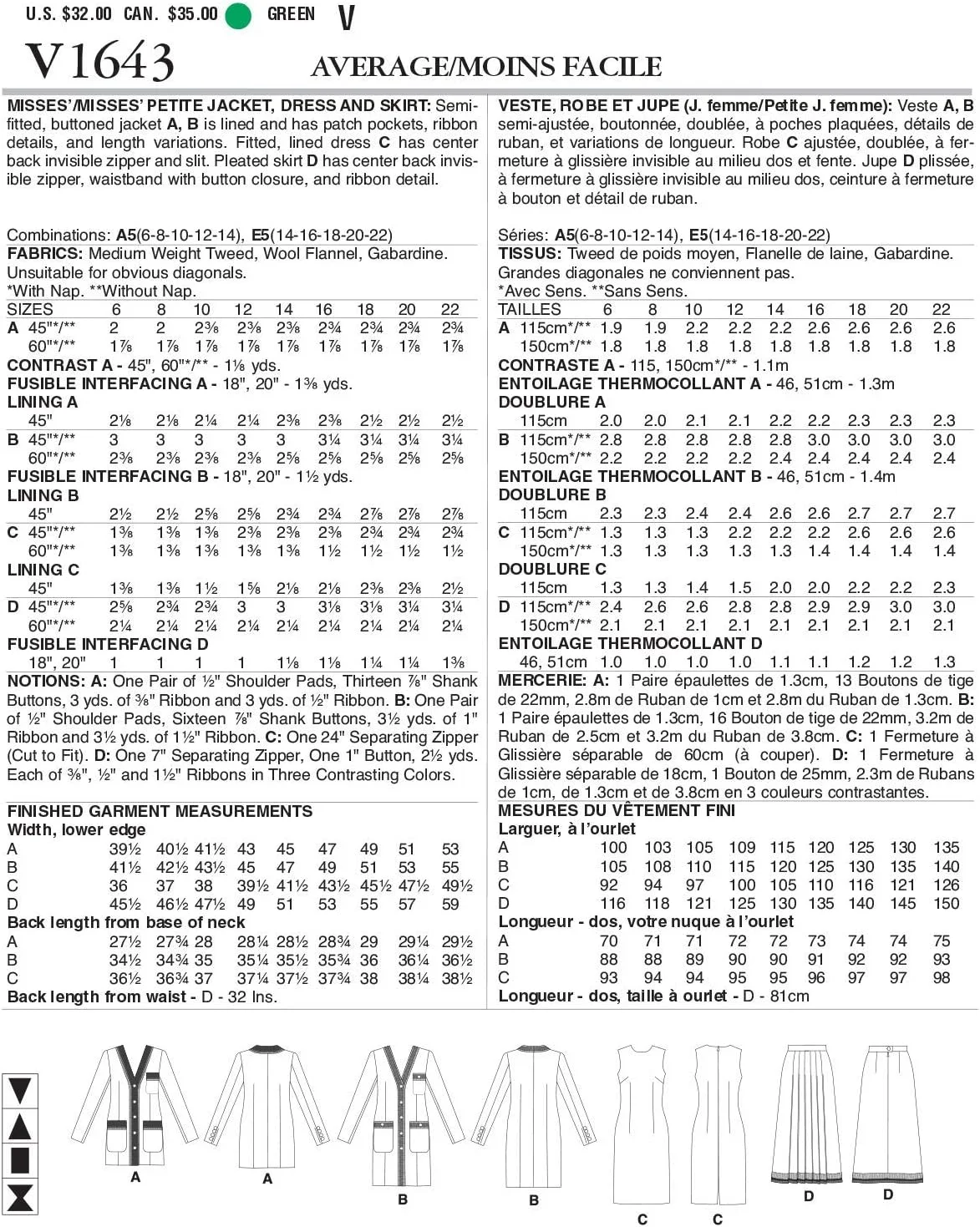 الگوهای Vogue - V1643E5 - لباس های زنانه > کت و شلوار و ست لباس های زنانه > تاپ های زنانه > ژاکت و جلیقه های زنانه > لباس های زنانه > دامن های زنانه، کاغذی، سفید، متنوع