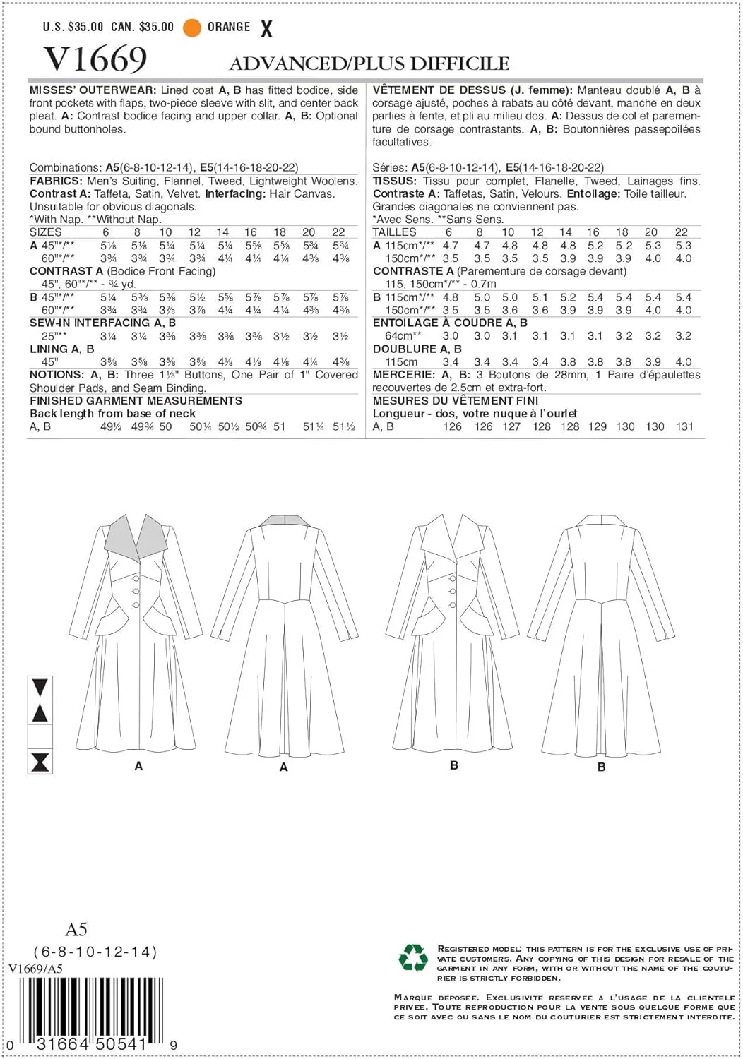 الگوهای Vogue - V1669A5 - لباس بیرونی زنانه
