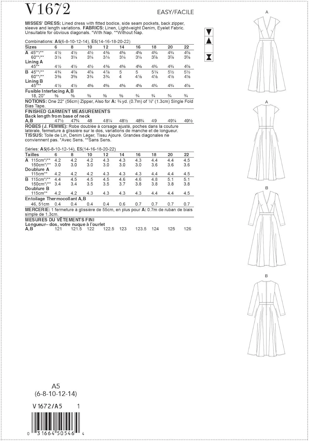 الگوهای ووگ V1672E5 لباس زنانه E5 (14-16-18-20-22)، کاغذی، متنوع