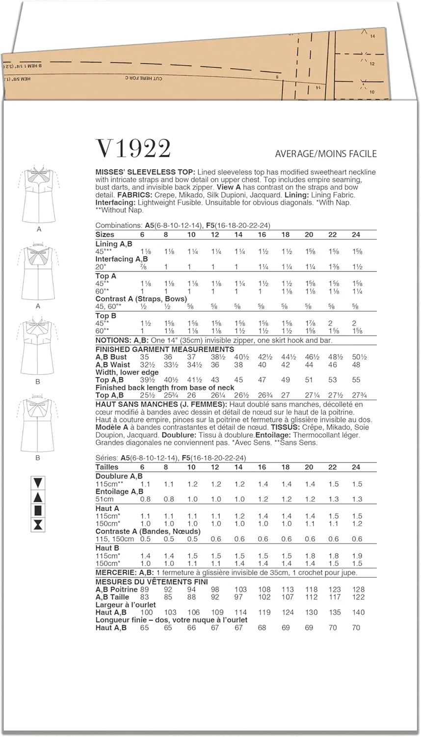 الگوهای خیاطی Vogue، کیت دوخت تاپ بدون آستین زنانه، کد طراحی V1922، سایزهای 16-18-20-22-24