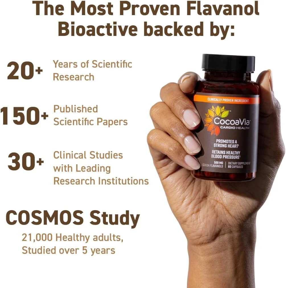 مکمل سلامت قلب CocoaVia، 30 روزه، 500 میلی گرم فلاونول های کاکائو، حمایت از سلامت قلب، افزایش اکسید نیتریک، گردش خون، انرژی، وگان، شکلات تلخ، 60 کپسول مکمل سلامت قلب CocoaVia، 30 روزه، 500 میلی گرم فلاونول های کاکائو، حمایت از سلامت قلب، افزایش اکسید نیتریک، گردش خون، انرژی، وگان، شکلات تلخ، 60 کپسول