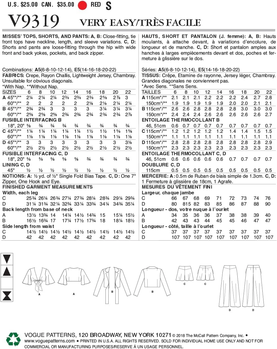 الگوهای Vogue تاپ، شورت و شلوار زنانه، سایز 6-8-10-12-14، قرمز الگوهای Vogue تاپ، شورت و شلوار زنانه، سایز 6-8-10-12-14، قرمز