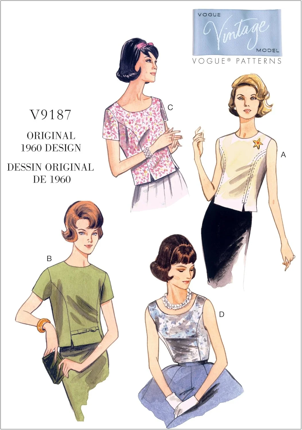 الگوهای VOGUE 9187 A5، تاپ زنانه، سایزهای 6-14، (6-8-10-12-14)