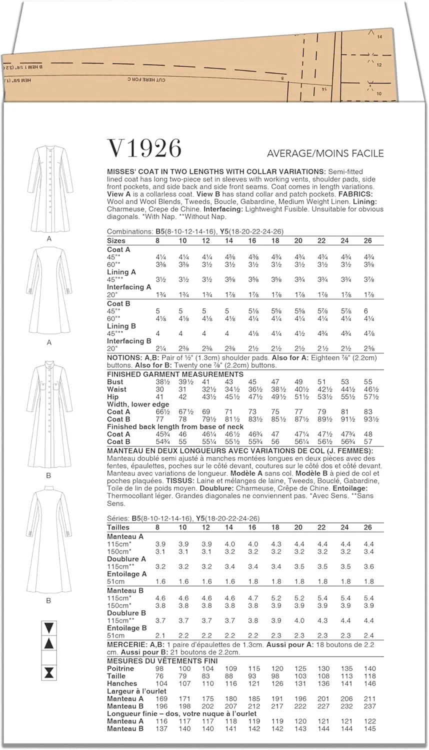 کیت خیاطی پالتو زنانه Vogue Patterns، کد طراحی V1926، سایزهای 18-20-22-24-26 کیت خیاطی پالتو زنانه Vogue Patterns، کد طراحی V1926، سایزهای 18-20-22-24-26