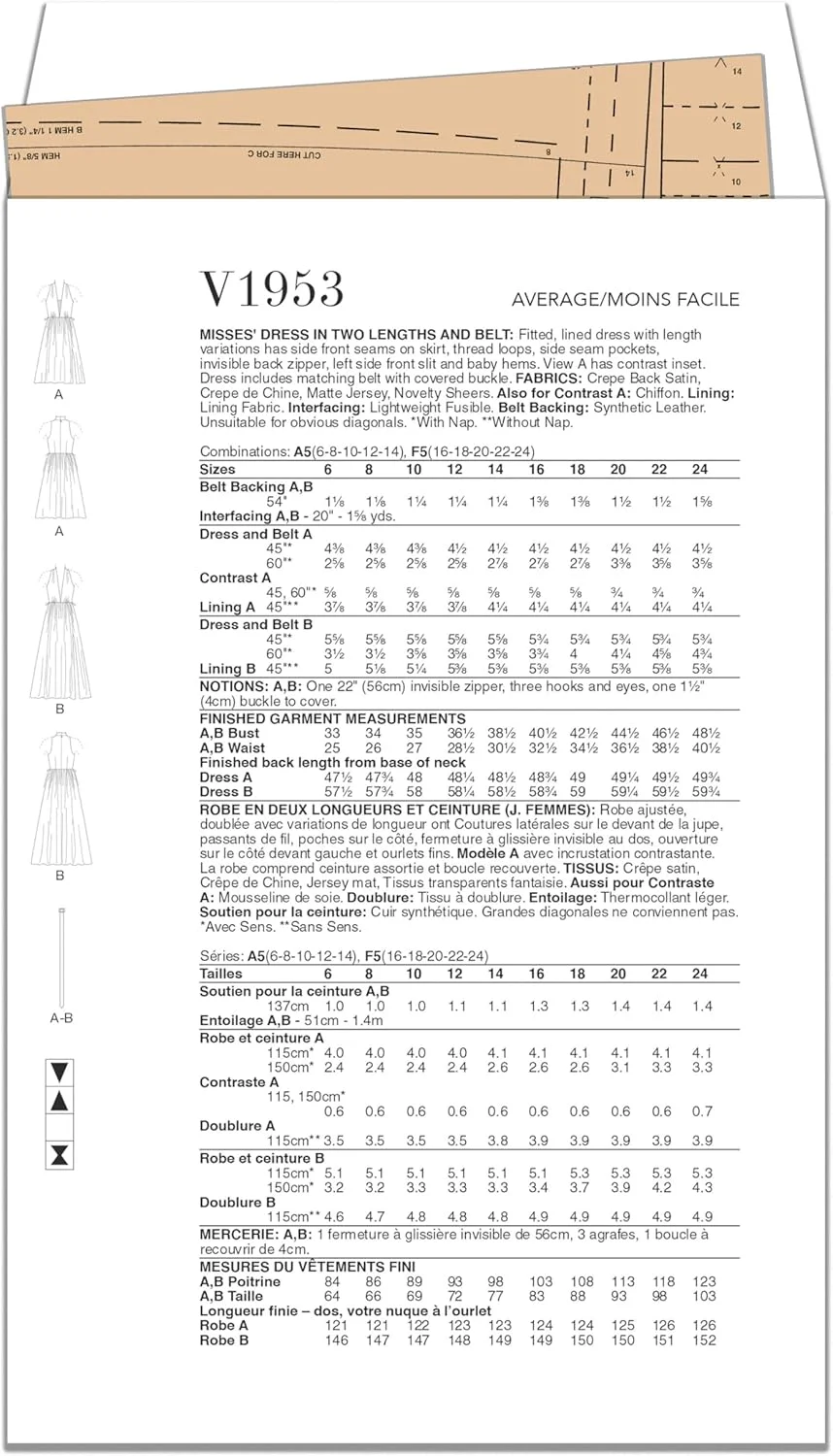 الگوهای Vogue بسته خیاطی کمربند و لباس آستر دار زنانه، کد طراحی V1953، سایزهای 16-18-20-22-24
