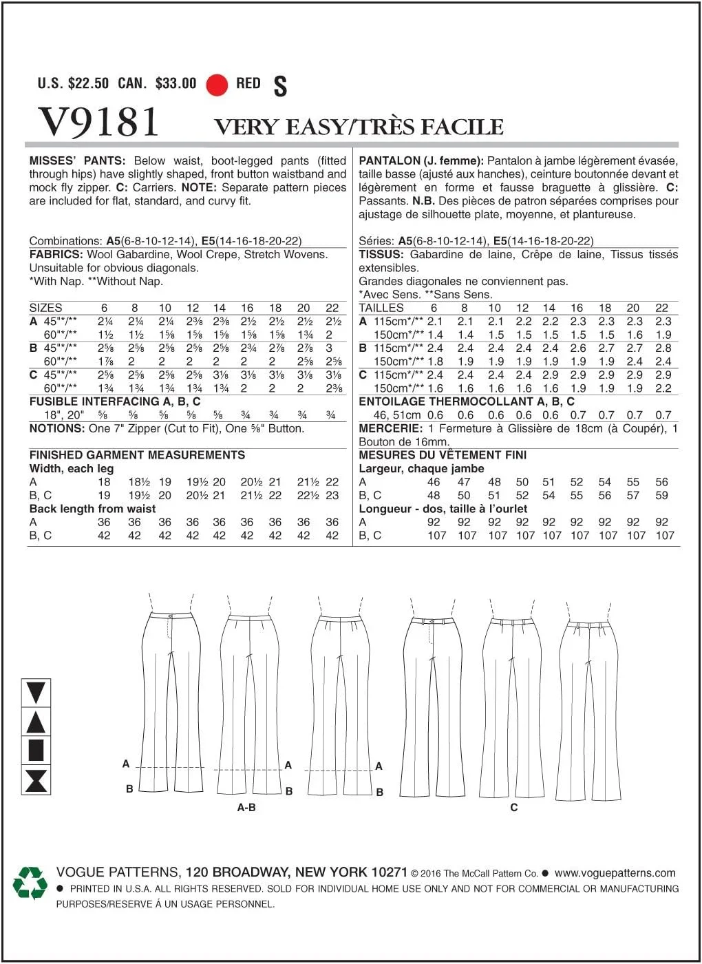 الگوهای Vogue 9181، شلوار زنانه، سایزهای 6-14، چند رنگ، A5 (6-8-10-12-14)
