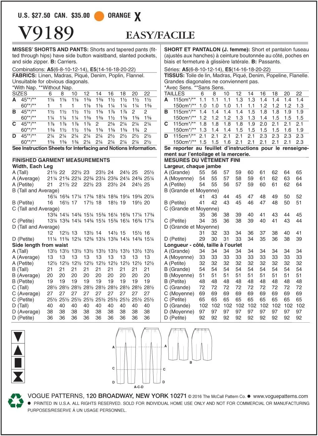 الگوهای Vogue 9189 A5، شورت و شلوار زنانه، سایزهای 6-14، چند رنگ الگوهای Vogue 9189 A5، شورت و شلوار زنانه، سایزهای 6-14، چند رنگ