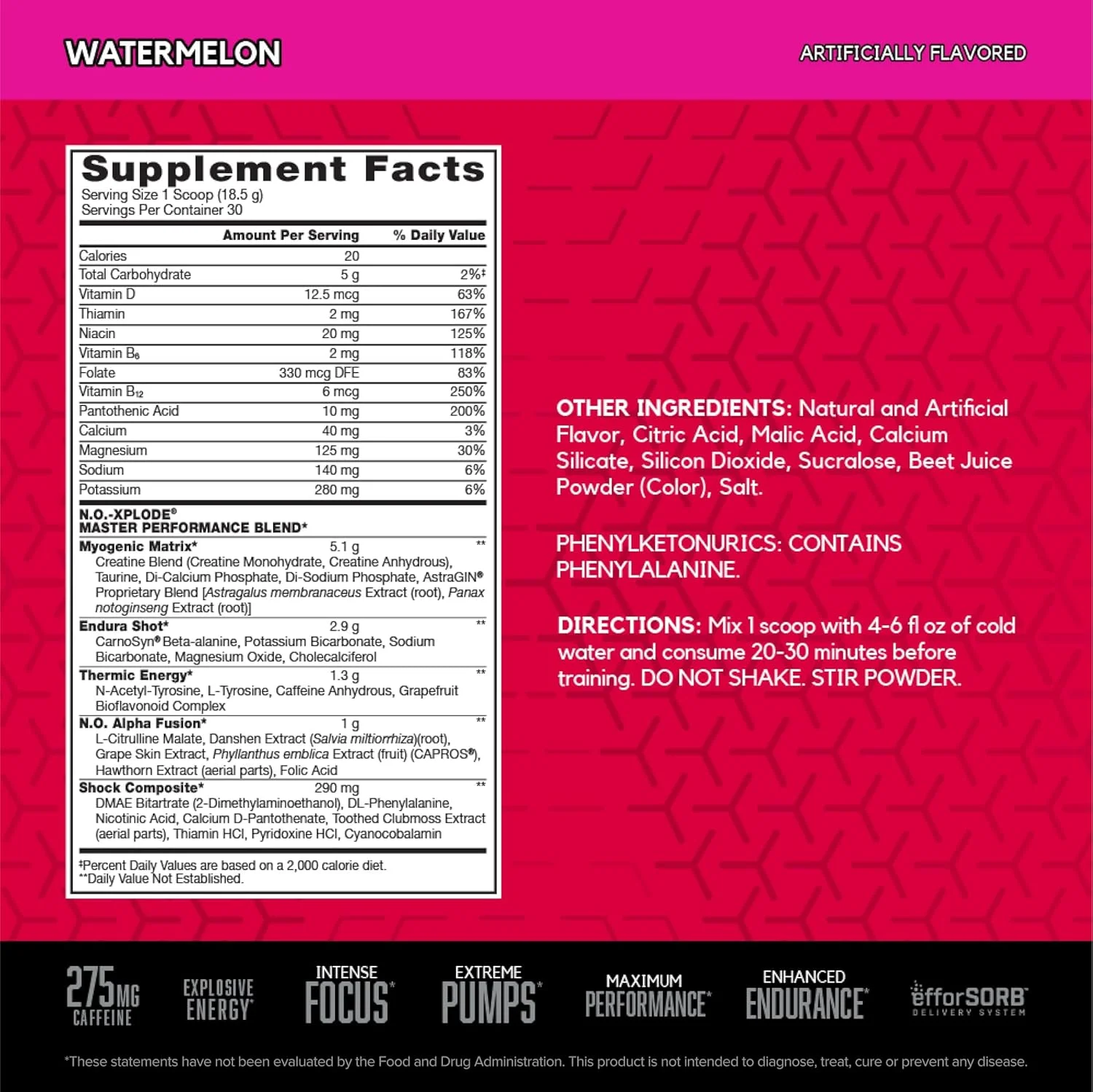 مکمل قبل از تمرین افسانه‌ای BSN N.O.-XPLODE با کراتین، بتا آلانین و انرژی، مکمل غذایی، 1.22 پوند (555 گرم)، هندوانه، 30 سروینگ