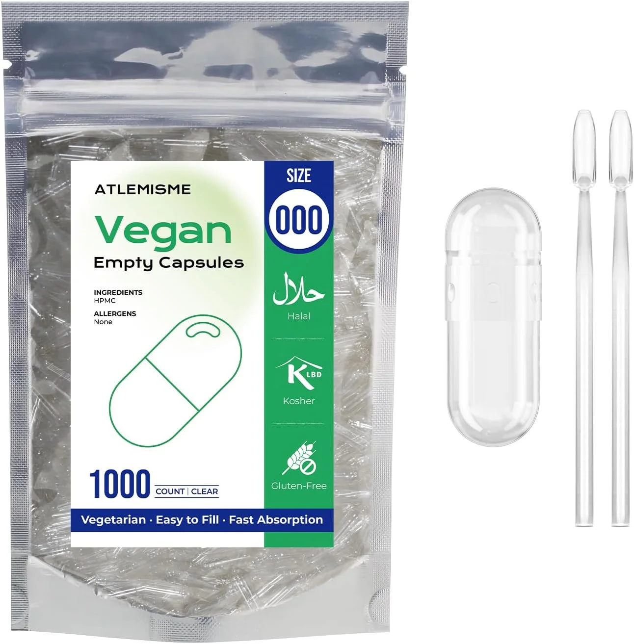 کپسول های خالی گیاهی آتلمیسم سایز 000 - بسته 1000 عددی - بدون ژلاتین، ایده آل برای مکمل های غذایی و پودرها - پر کردن آسان و حل شدن سریع