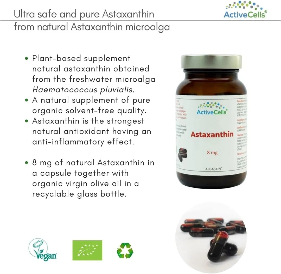 کپسول های آستاگزانتین ActiveCells® 8 میلی گرم 60 عدد برای 2 ماه - مکمل غذایی - آستاگزانتین طبیعی گیاهی - پشتیبانی از سیستم ایمنی بدن - کپسول های وگان فوق العاده خالص و ایمن