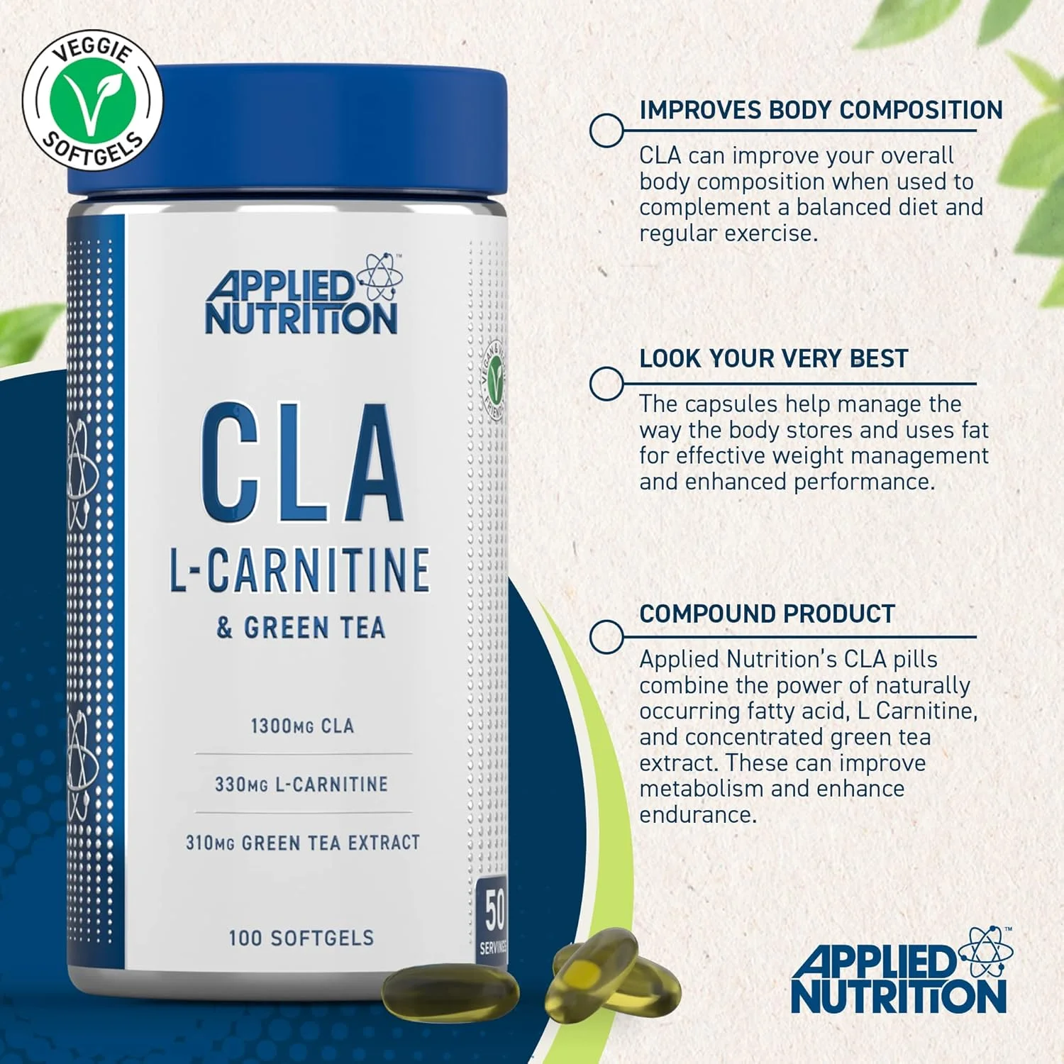 مکمل های غذایی کاهش وزن و چربی سوز CLA ال-کارنیتین و چای سبز Applied Nutrition، گیاهی، 100 سافت ژل