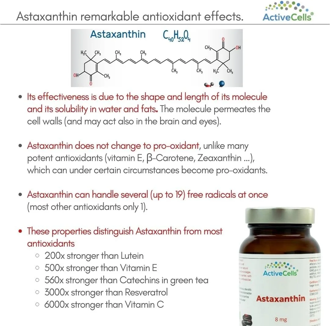 کپسول های آستاگزانتین ActiveCells® 8 میلی گرم 60 عدد برای 2 ماه - مکمل غذایی - آستاگزانتین طبیعی گیاهی - پشتیبانی از سیستم ایمنی بدن - کپسول های وگان فوق العاده خالص و ایمن