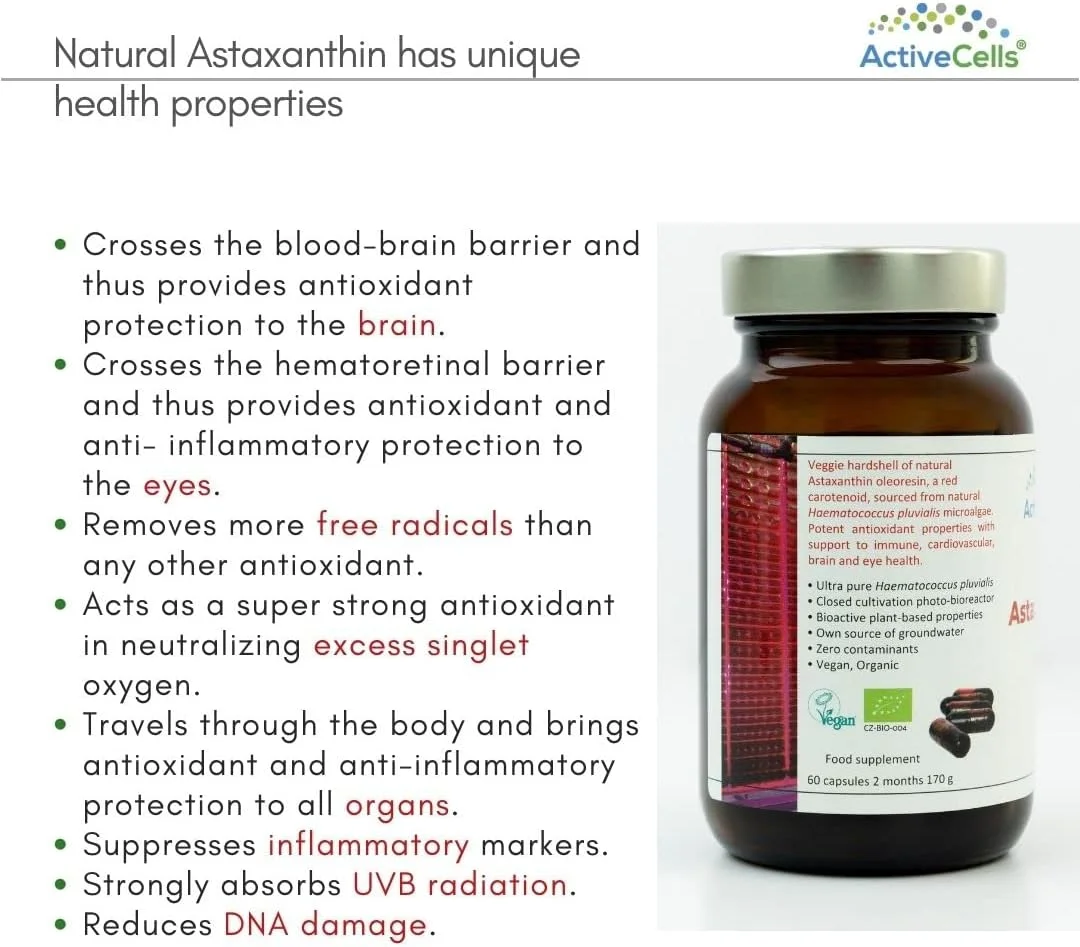 کپسول های آستاگزانتین ActiveCells® 8 میلی گرم 60 عدد برای 2 ماه - مکمل غذایی - آستاگزانتین طبیعی گیاهی - پشتیبانی از سیستم ایمنی بدن - کپسول های وگان فوق العاده خالص و ایمن