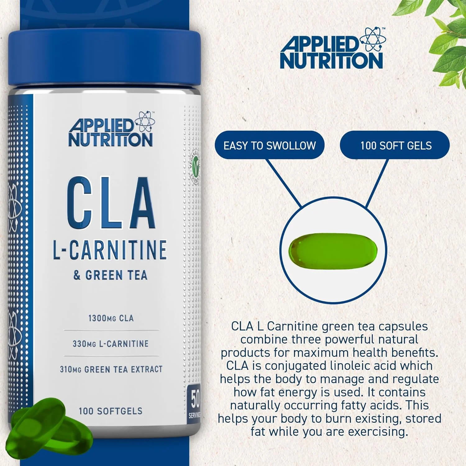 مکمل های غذایی کاهش وزن و چربی سوز CLA ال-کارنیتین و چای سبز Applied Nutrition، گیاهی، 100 سافت ژل
