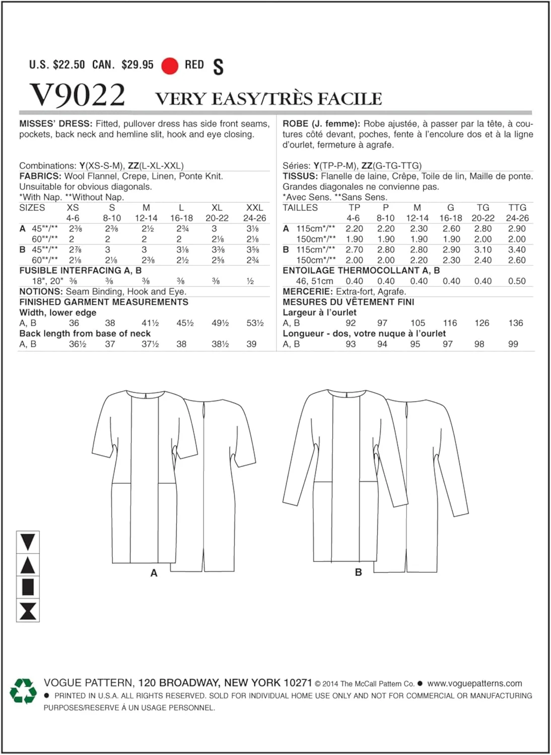 الگوهای Vogue 9022 Y، لباس زنانه، سایزهای XSM(4-6)-SML(8-10)-MED(12-14)، Y (خیلی کوچک-متوسط) ایالات متحده