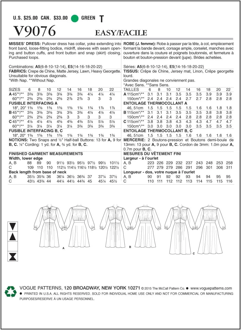 الگوهای Vogue 9076 A5، لباس زنانه، سایزهای 6-8-10-12-14