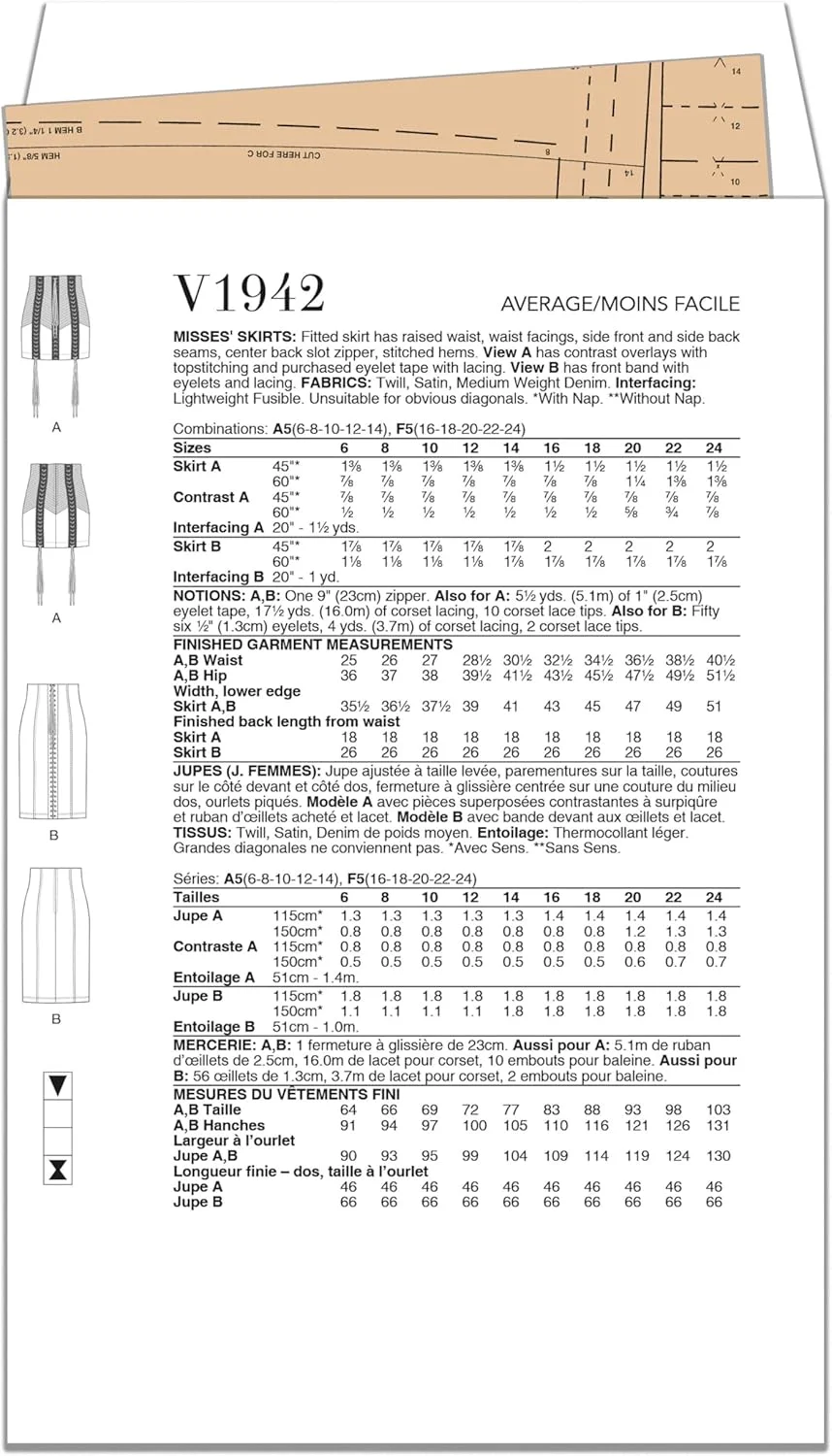 الگوهای Vogue بسته خیاطی دامن های تنگ زنانه، کد طراحی V1942، سایزهای 16-18-20-22-24