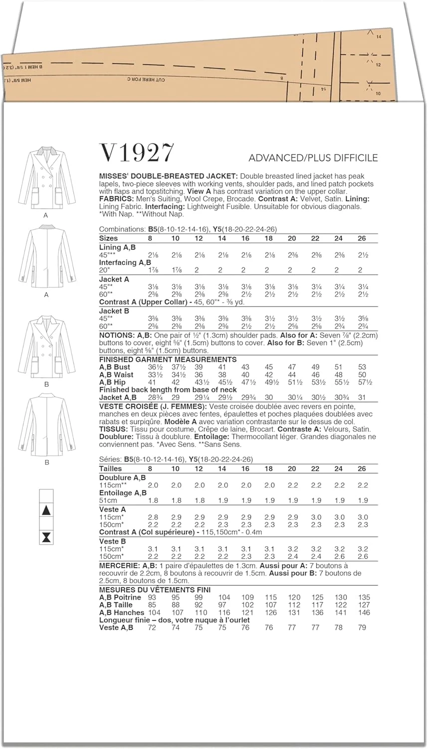 الگوهای Vogue - کیت دوخت ژاکت دکمه دوبل زنانه، کد طراحی V1927، سایزهای 18-20-22-24-26 الگوهای Vogue - کیت دوخت ژاکت دکمه دوبل زنانه، کد طراحی V1927، سایزهای 18-20-22-24-26