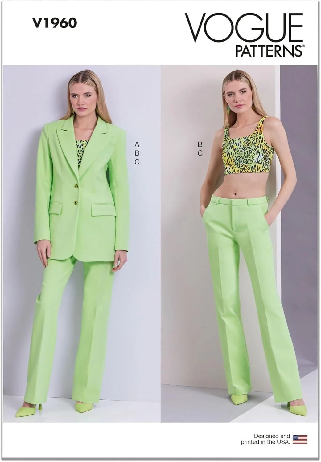 الگوهای Vogue، بسته خیاطی کت بدون آستر گشاد، تاپ بافتنی کوتاه و شلوار پا گشاد زنانه، کد طراحی V1960، سایزهای 8-10-12-14-16، چند رنگ