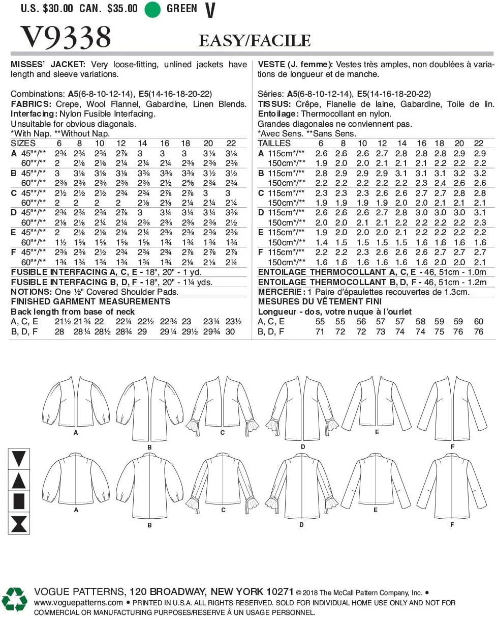 الگوهای Vogue الگوی خیاطی McCall's V9338، الگو، کاغذ، سفید، 14-16-18-20-22