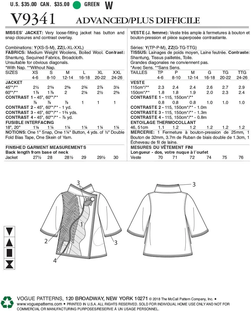 الگوهای Vogue McCall's V9341، الگوی خیاطی، قالب، کاغذی، سفید، XS-S-M