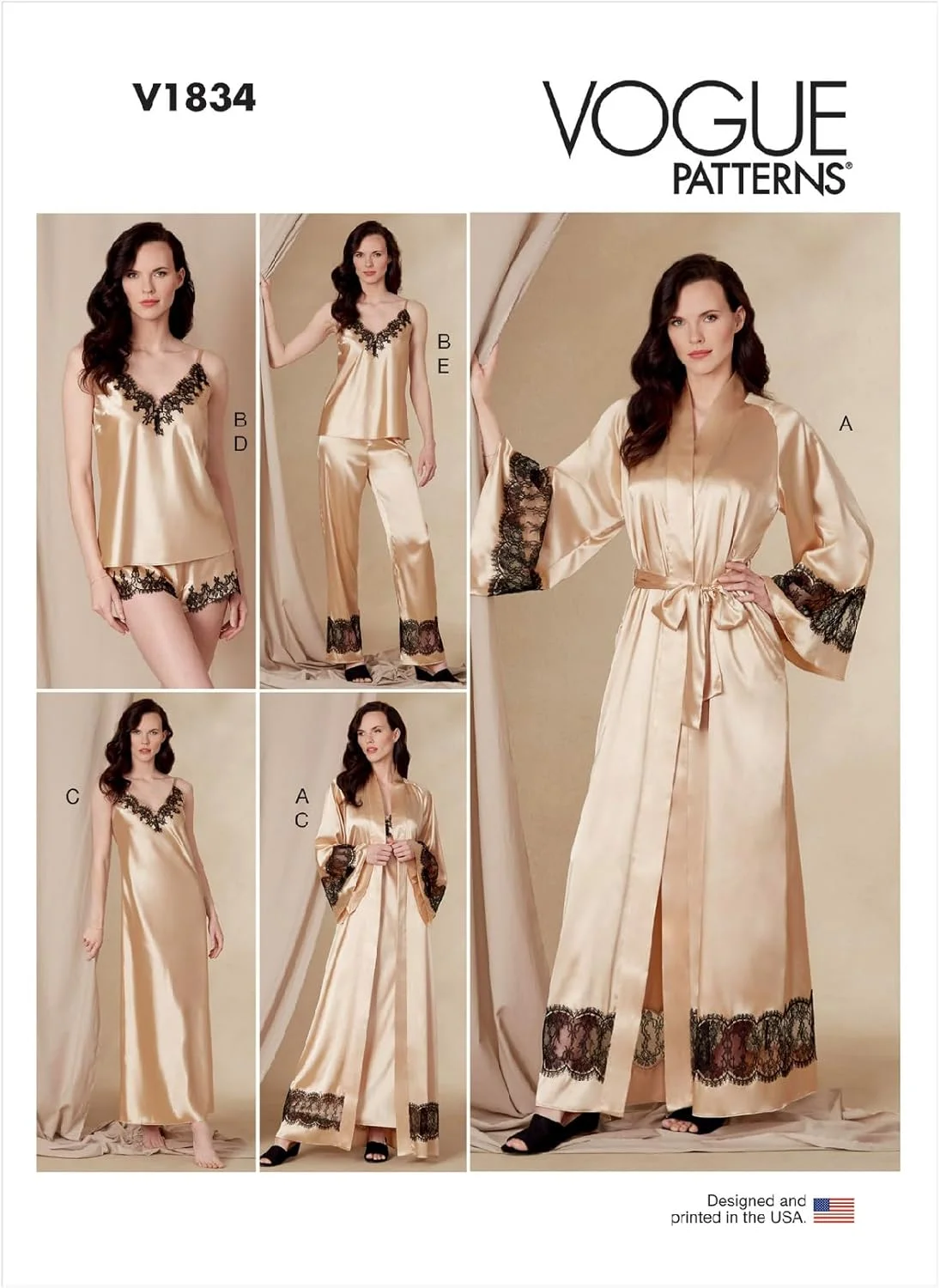 الگوهای Vogue، کیت خیاطی لباس راحتی گشاد زنانه، کمربند، تاپ رکابی، زیرپوش، شورت و شلوار، کد V1834، سایزهای 8-10-12-14-16، چند رنگ