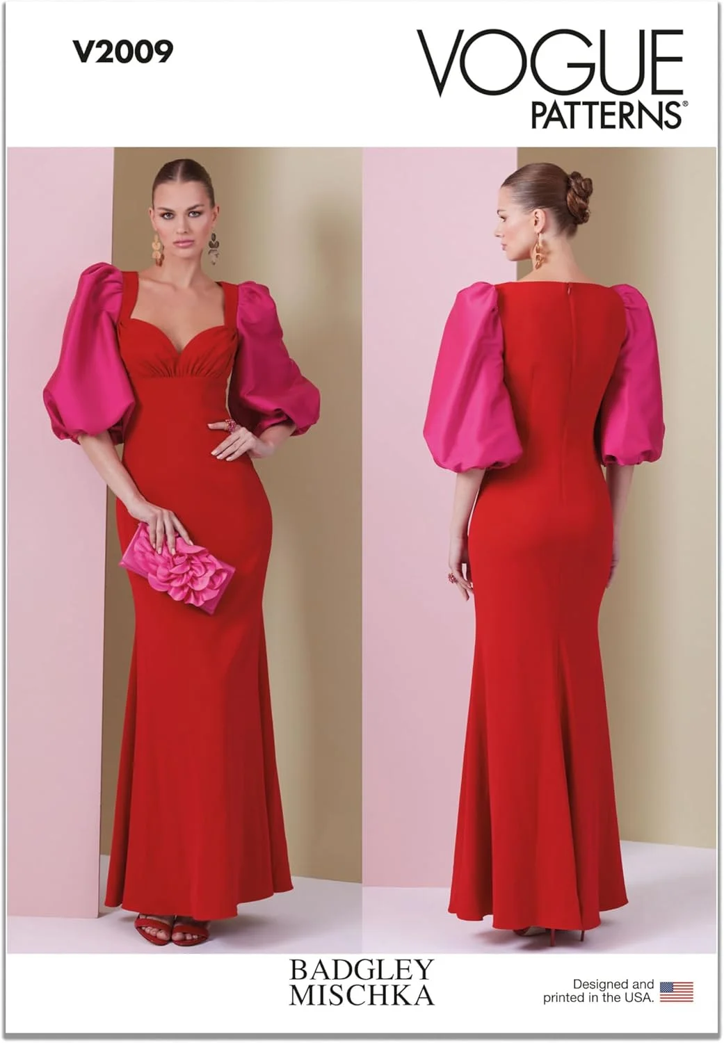 الگوهای خیاطی ووگ، بسته دوخت لباس زنانه تنگ و آستردار توسط Badgley Mischka، کد طراحی V2009، سایزهای 18-20-22-24-26، چند رنگ
