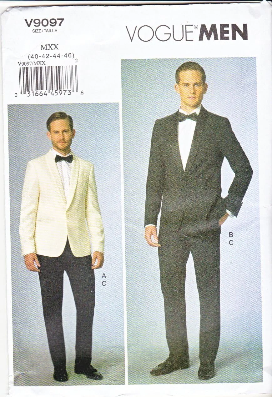 الگوهای VOGUE 9097، کت و شلوار مردانه، سایزها، بوم، سفید، MXX (40-42-44-46)