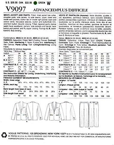 الگوهای VOGUE 9097، کت و شلوار مردانه، سایزها، بوم، سفید، MXX (40-42-44-46)