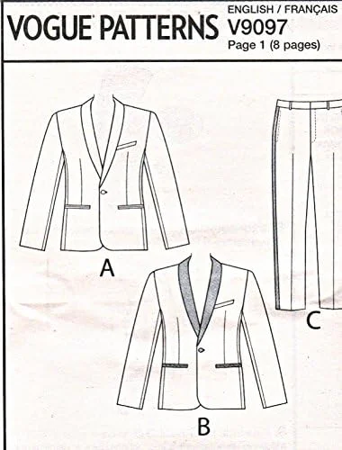 الگوهای VOGUE 9097، کت و شلوار مردانه، سایزها، بوم، سفید، MXX (40-42-44-46)