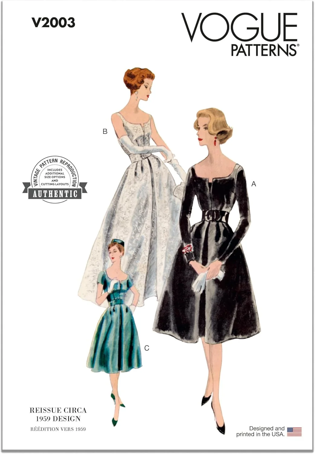 الگوهای Vogue، بسته خیاطی لباس یک تکه و زیردامنی زنانه مدل Vintage 1959، کد طراحی V2003، سایزهای 6-8-10-12-14، چند رنگ