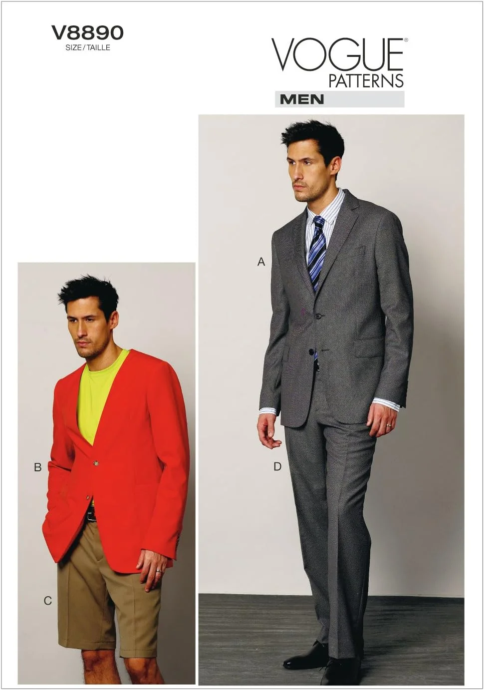 الگوهای Vogue V8890 سایز MUU 34-36-38-40: کت، شلوارک و شلوار مردانه
