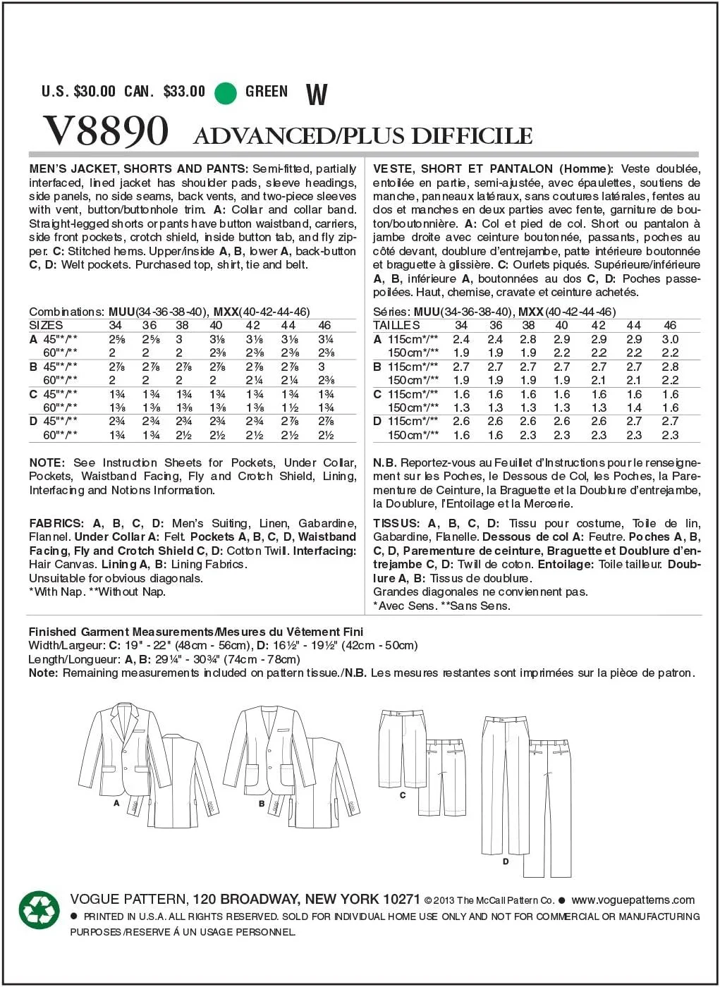 الگوهای Vogue V8890 سایز MUU 34-36-38-40: کت، شلوارک و شلوار مردانه