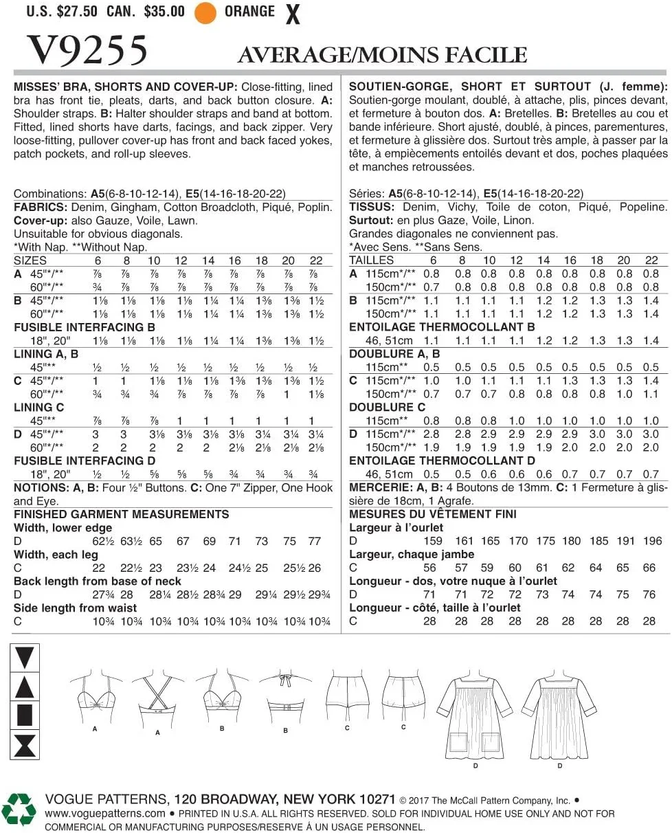 الگوهای Vogue، سوتین و شورت غیر رسمی، سایز 14-16-18-20-22، نارنجی