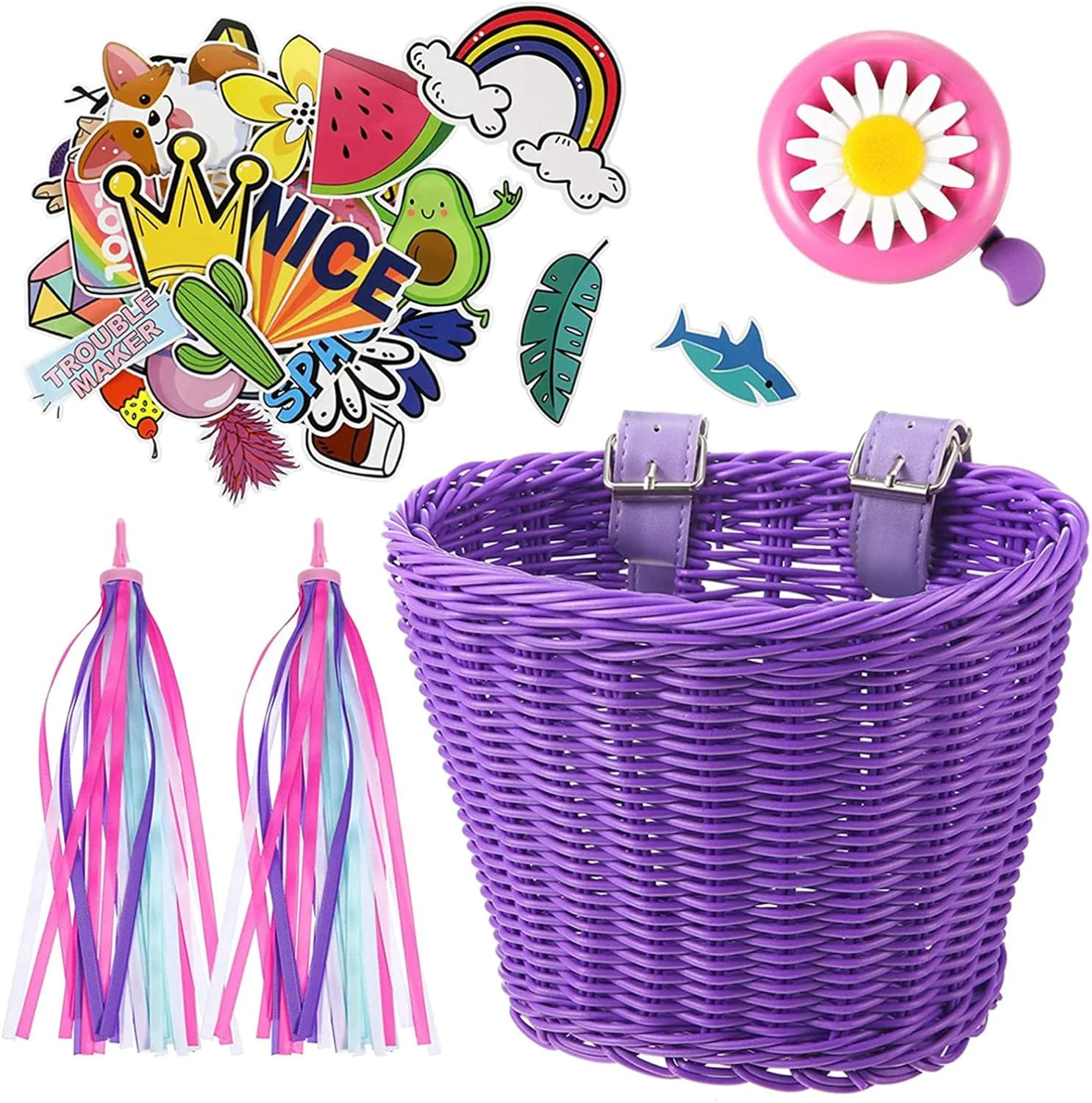 سبد دوچرخه کودک KASTWAVE، سبد حصیری فرمان دوچرخه تک شاخ برای کودکان به همراه روبان، زنگ و استیکر، تزیین سبد جلوی دوچرخه برای دختران