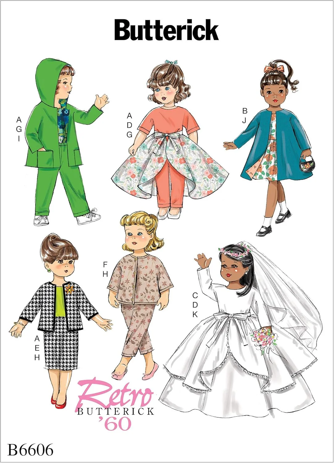 الگوهای خیاطی باتریک فشن رترو برای لباس عروسک 18 اینچی شامل: پیراهن، دامن رویی، دامن، شلوار، ژاکت و کت