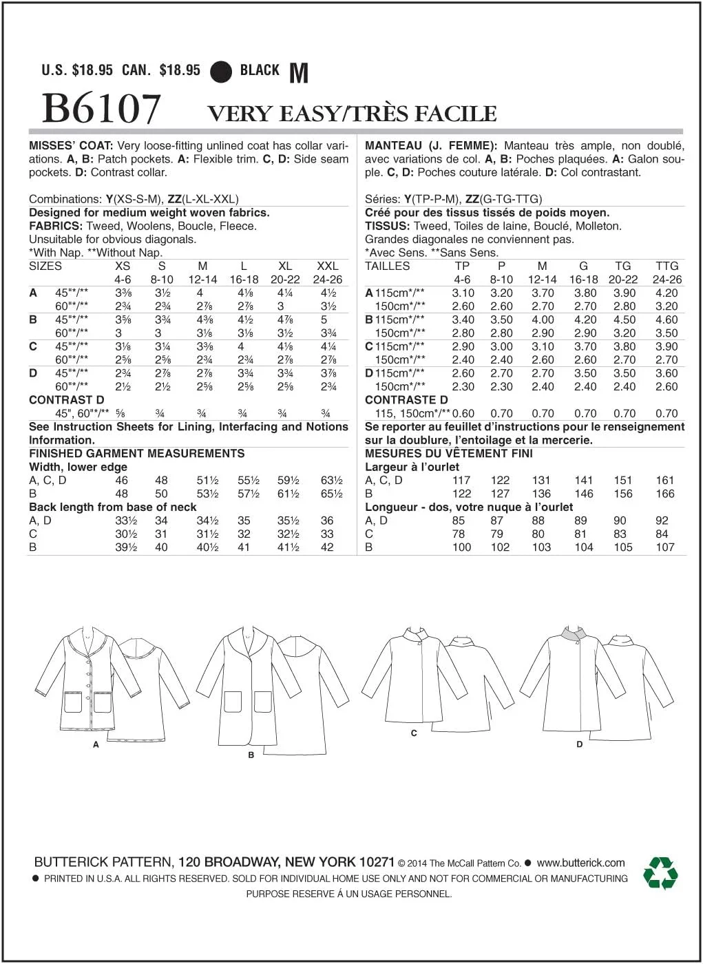 الگوهای خیاطی Butterick 6107 سایزهای Y خیلی کوچک 4-6/ کوچک 8-10/ متوسط 12-14 کت زنانه الگوهای خیاطی Butterick 6107 سایزهای Y خیلی کوچک 4-6/ کوچک 8-10/ متوسط 12-14 کت زنانه