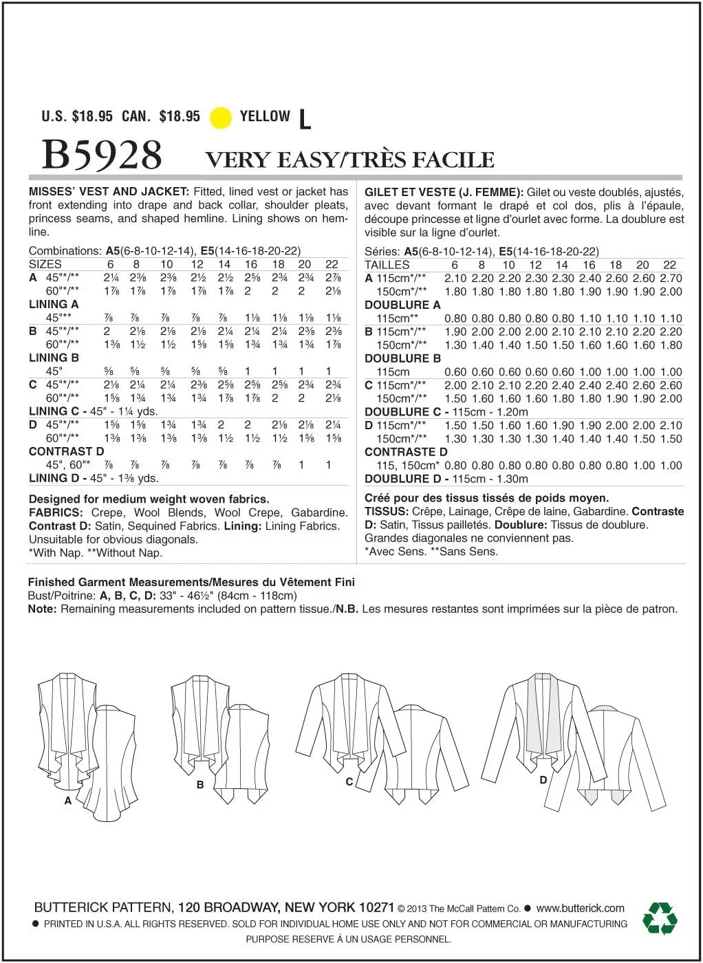 الگوهای خیاطی باتریک B5927 سایز E5 14-16 - 18-20 - 22 ژاکت زنانه، سفید