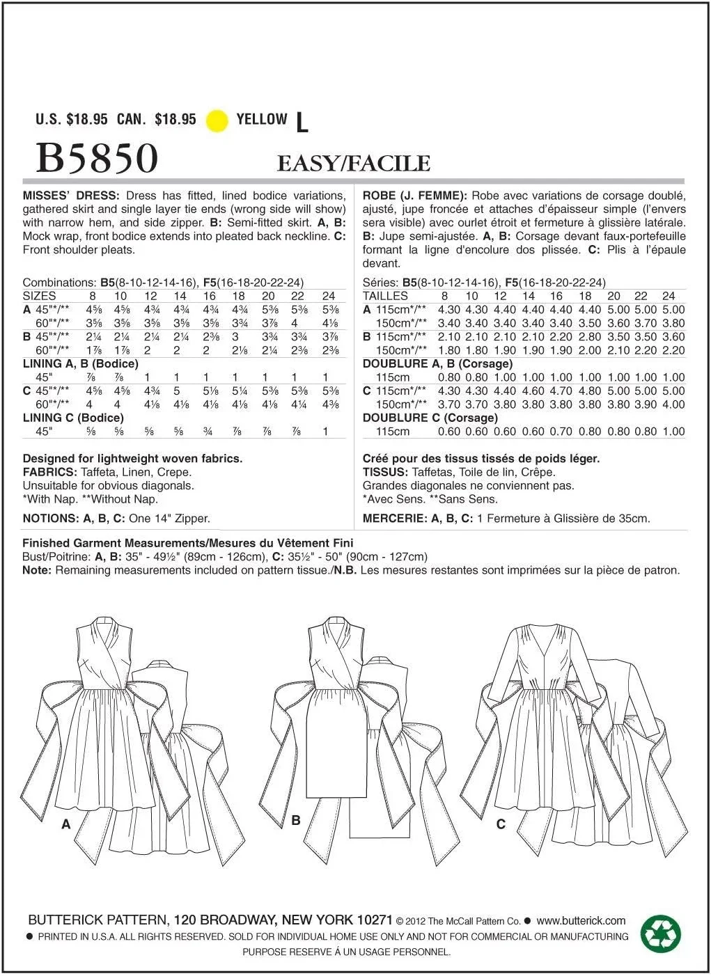 الگوهای خیاطی باتریک B5850 سایز B5 8-10-12-14-16 لباس زنانه، بسته 1 عددی، سفید الگوهای خیاطی باتریک B5850 سایز B5 8-10-12-14-16 لباس زنانه، بسته 1 عددی، سفید