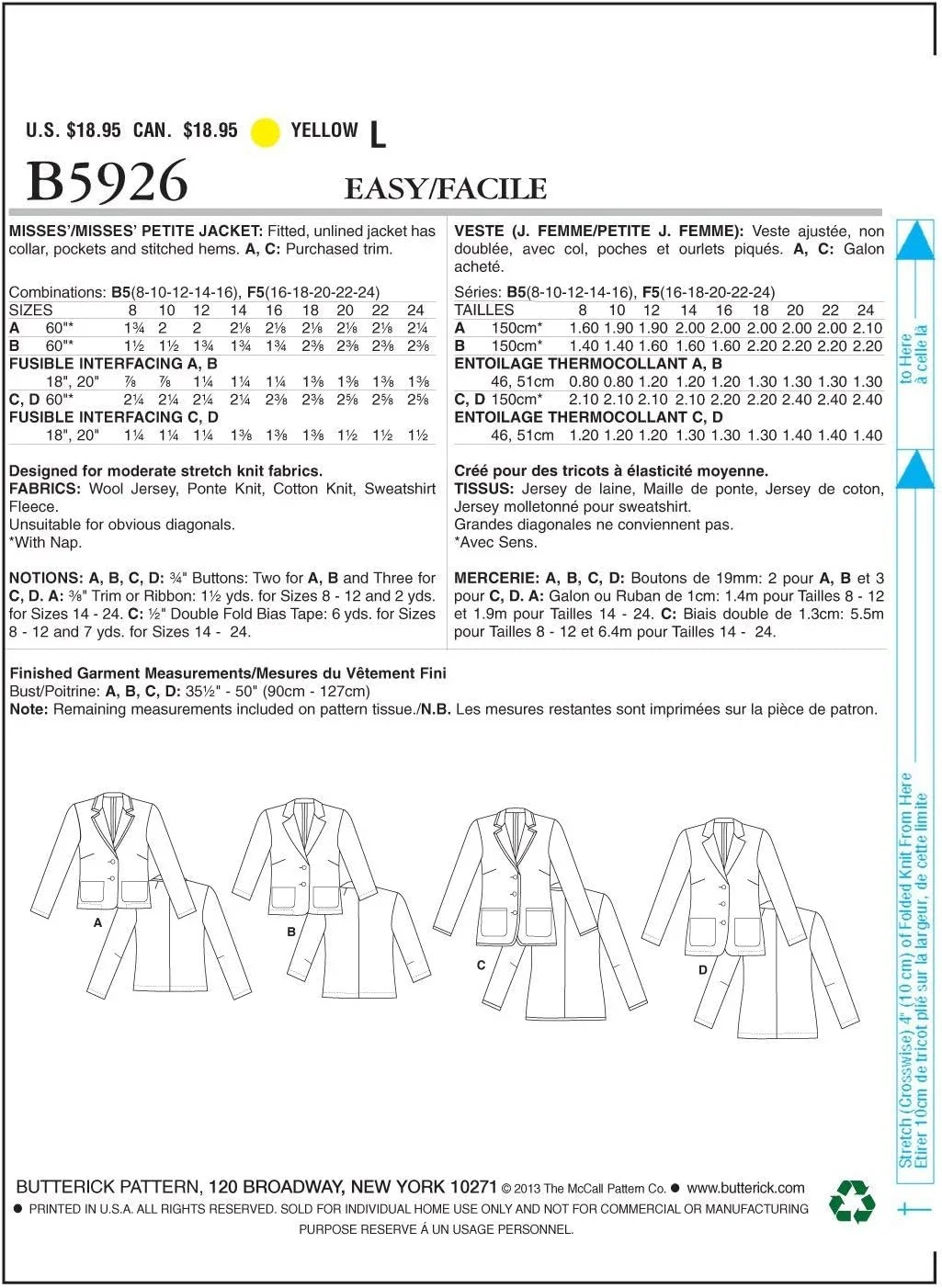 الگوهای Butterick B5926 سایز B5 8-10 - 12-14 - 16 مخصوص کت زنانه و دخترانه، سفید الگوهای Butterick B5926 سایز B5 8-10 - 12-14 - 16 مخصوص کت زنانه و دخترانه، سفید