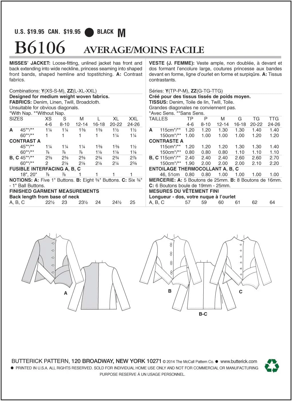 الگوهای خیاطی باتریک 6106 سایزهای Y خیلی کوچک 4-6/ کوچک 8-10/ متوسط 12-14 ژاکت زنانه الگوهای خیاطی باتریک 6106 سایزهای Y خیلی کوچک 4-6/ کوچک 8-10/ متوسط 12-14 ژاکت زنانه