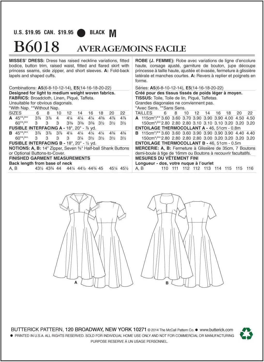 الگوی خیاطی لباس زنانه Butterick Patterns B6018E50، سایز E5 (14-16-18-20-22)