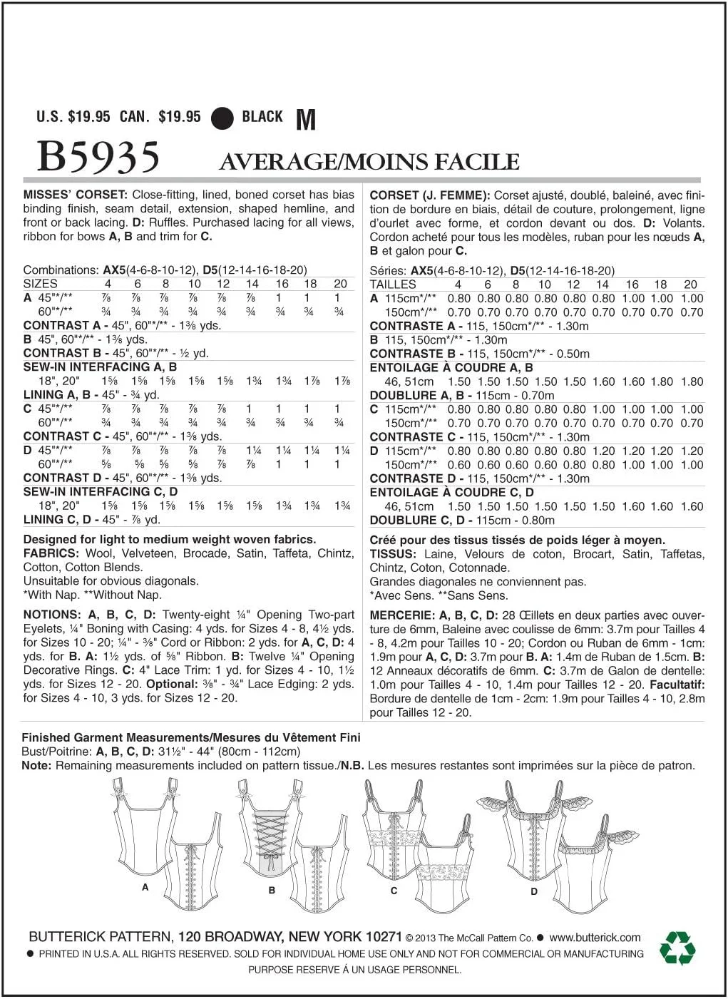 الگوهای خیاطی باتریک B5935 سایز AX5 4-6 - 8-10 - 12 کرست زنانه، سفید