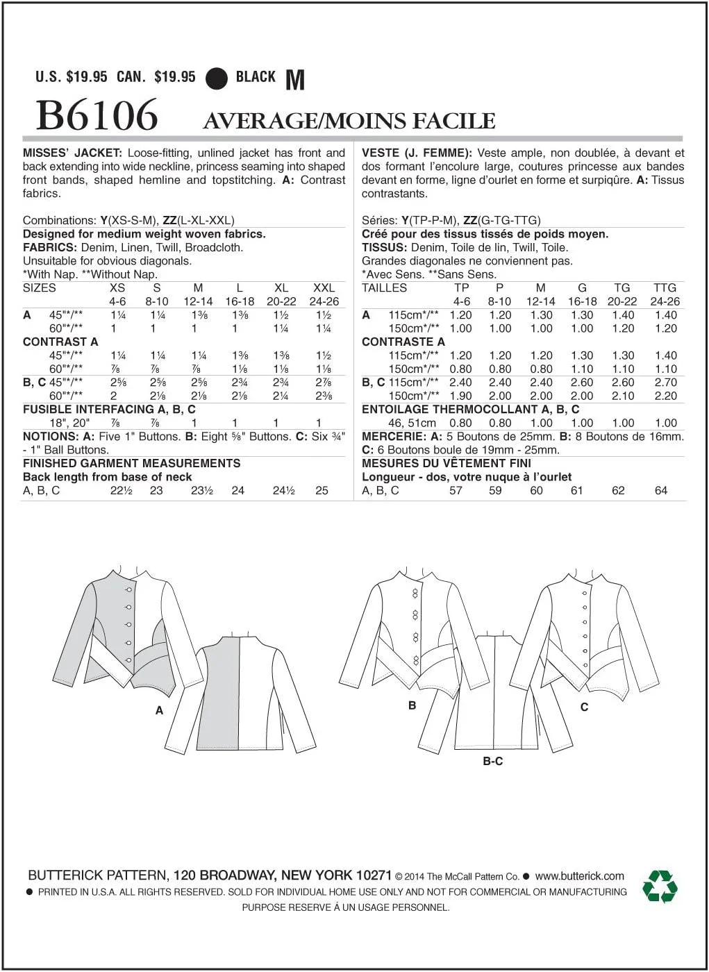 الگوهای خیاطی باتریک 6106 سایزهای Y خیلی کوچک 4-6/ کوچک 8-10/ متوسط 12-14 ژاکت زنانه الگوهای خیاطی باتریک 6106 سایزهای Y خیلی کوچک 4-6/ کوچک 8-10/ متوسط 12-14 ژاکت زنانه