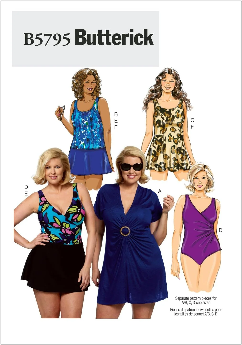 الگوهای خیاطی Butterick B5795 زنانه برای روپوش، تاپ، لباس شنا، مایو، دامن و شورت، سایز RR (18W-20W-22W-24W)