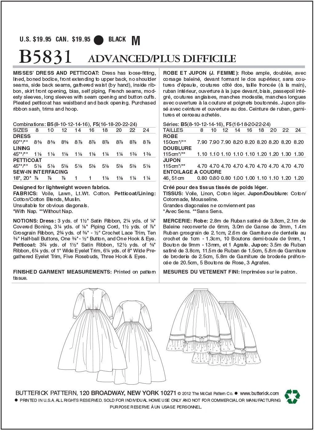 الگوهای خیاطی Butterick B5831 سایز F5 16-18-20-22-24 لباس زنانه، بسته 1 عددی، سفید
